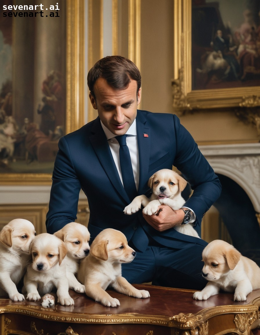 emmanuel macron, puppies, elysee palace, struggle, mischief, france