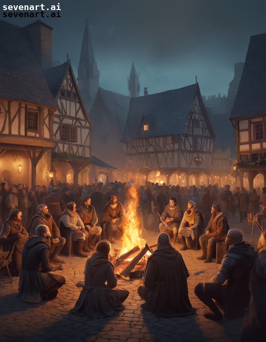 medieval, villagers, bonfire, feast, market square, middle ages