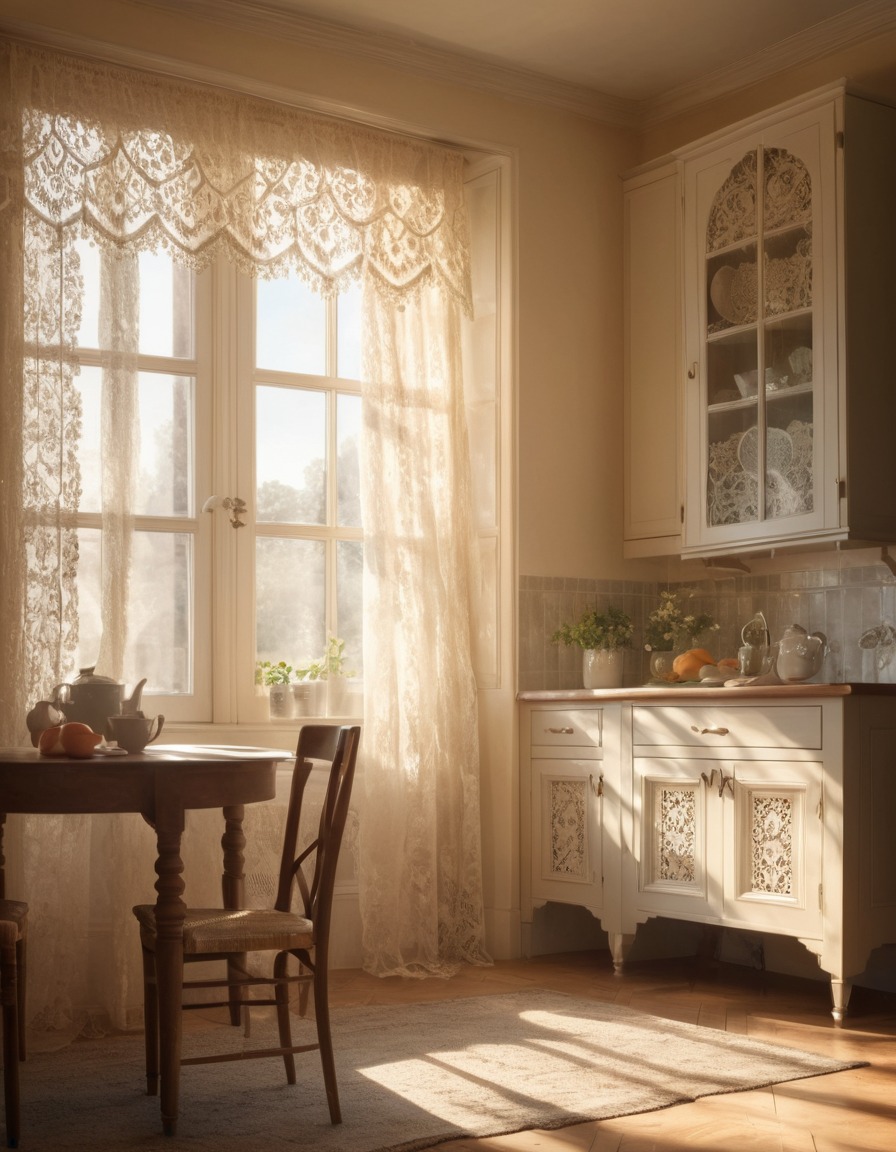 home decor, interior design, lace curtains, sunlight, cozy kitchen, home, interior