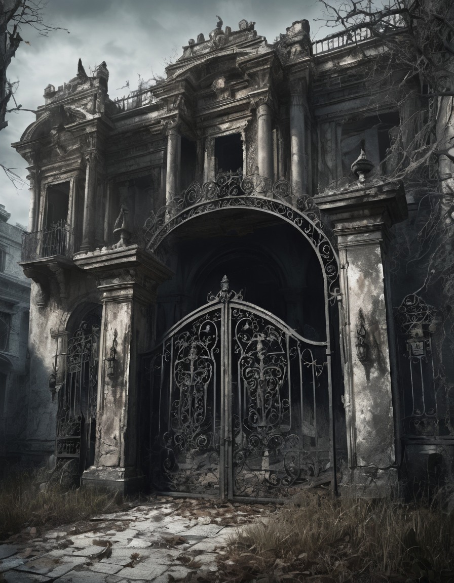 mansion, decrepit, crumbling walls, wrought iron gates, gothic, underground, dark