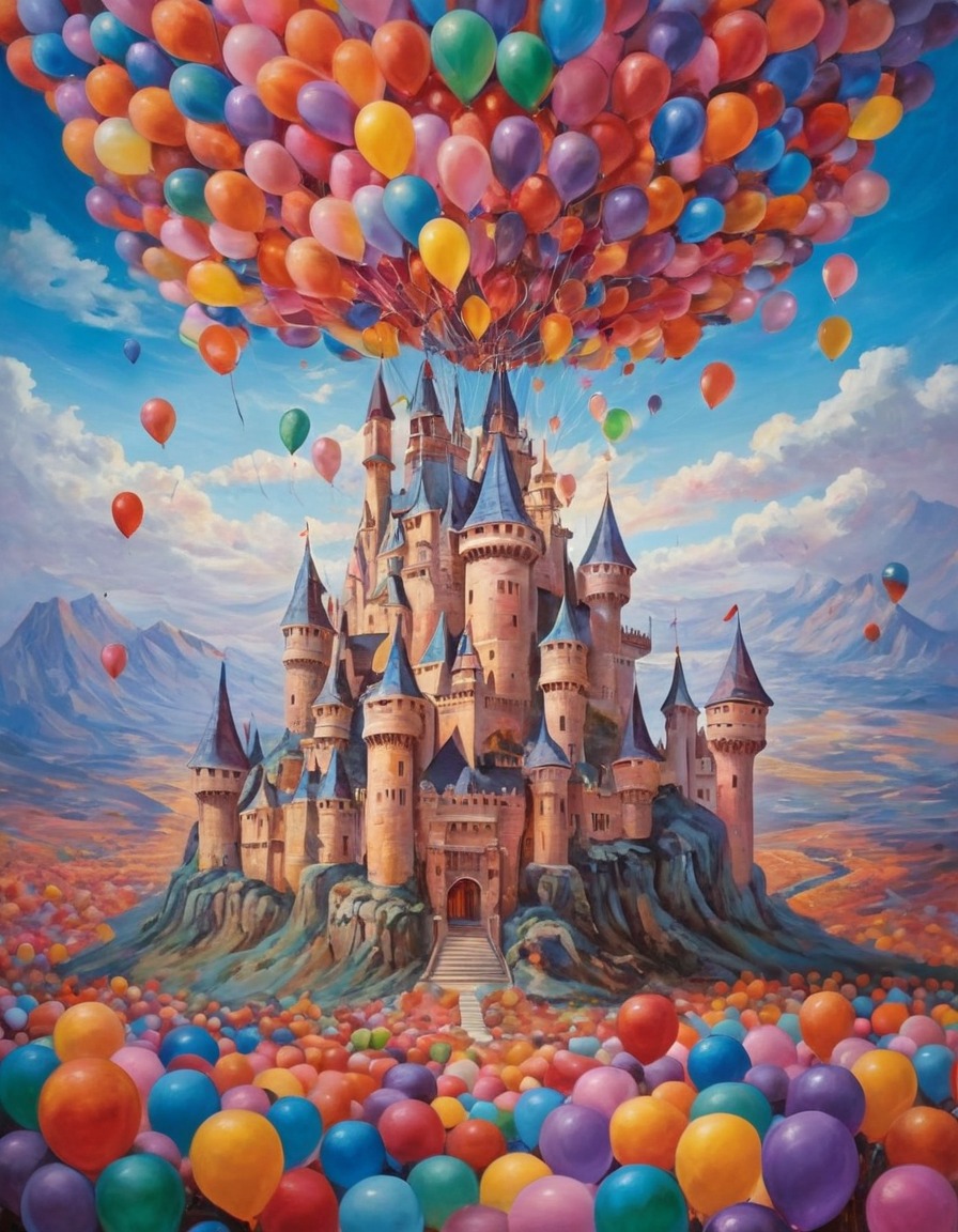 castle, balloons, whimsical, art, creativity, surreal