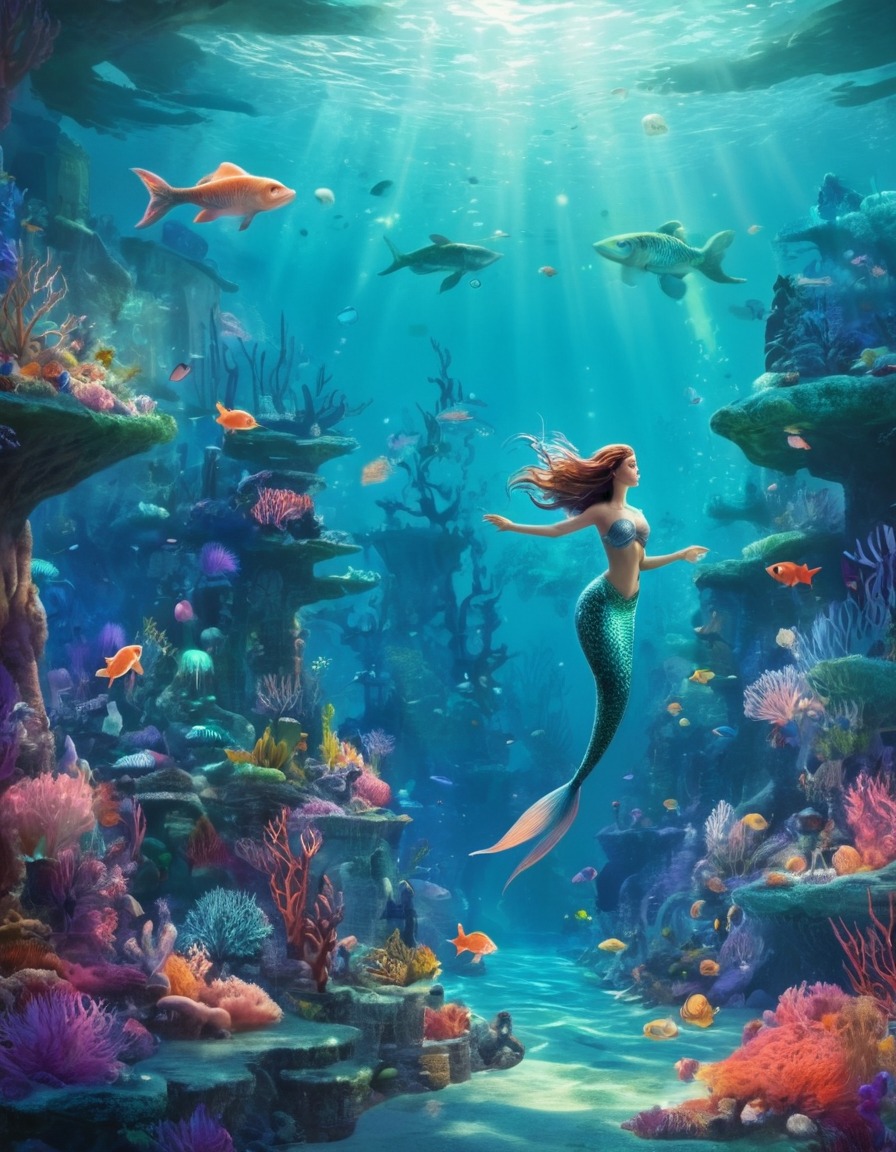 underwater, mermaids, fish, coral reefs, kingdom, fantastic