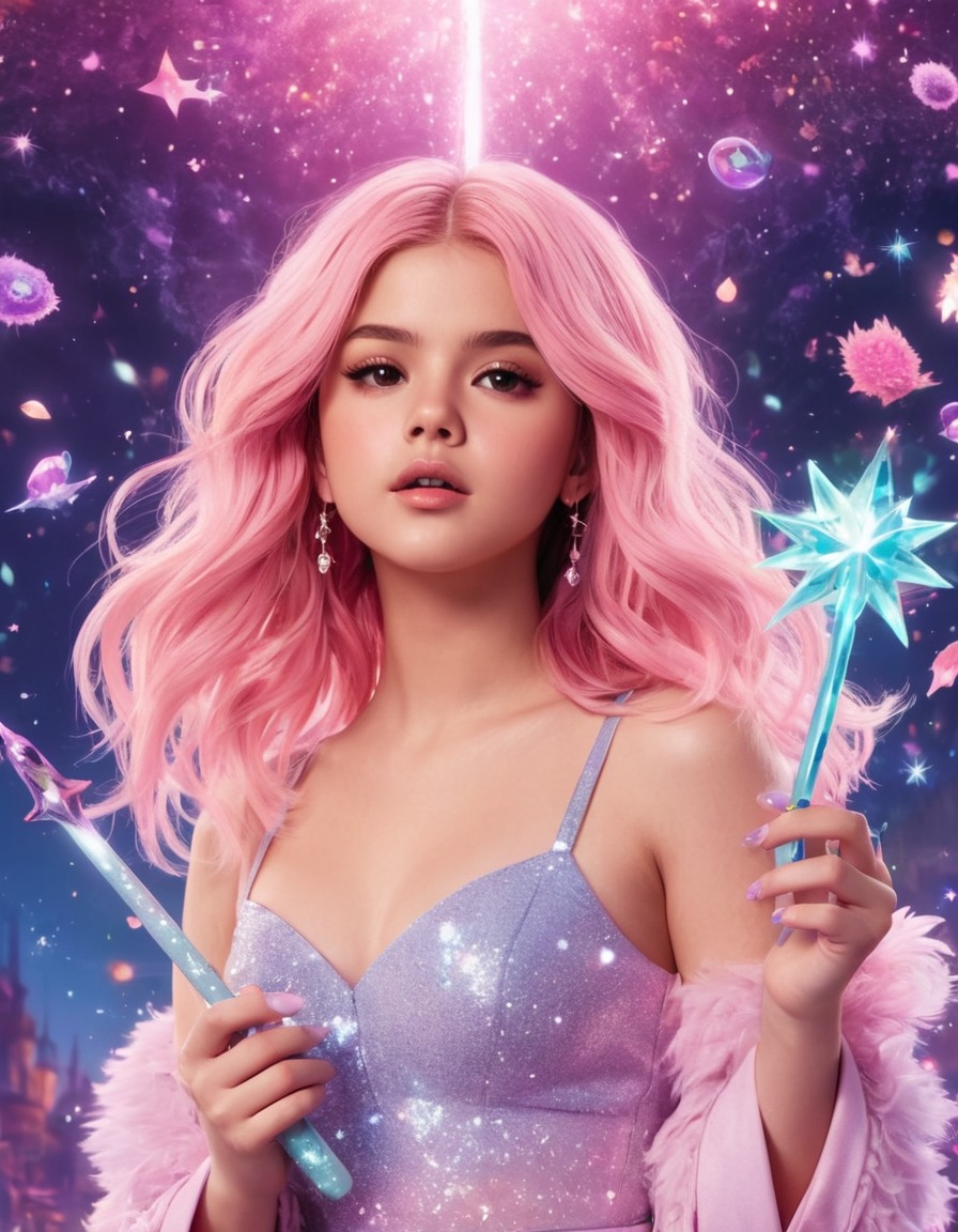 selena gomez, pastel pink hair, magic wand, sparkles, mystical creatures, anime