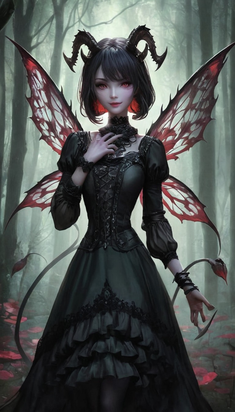 characterdesign, magic, horror, gothic, characterillustration, anime, cartoon, creepy, demongirl, fanart, photography, portrait, animegirl, darkfairytales, demon, demonic, fairytail, gothicgirl, lightmagic, aiart, ai_generated_art