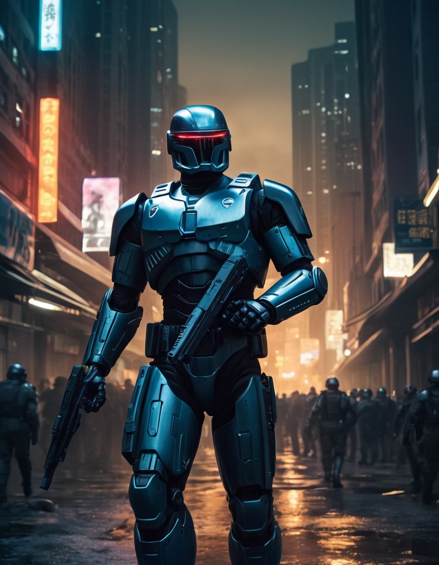 robocop, dystopian, cityscape, night, urban, law enforcement, robots, games, movies