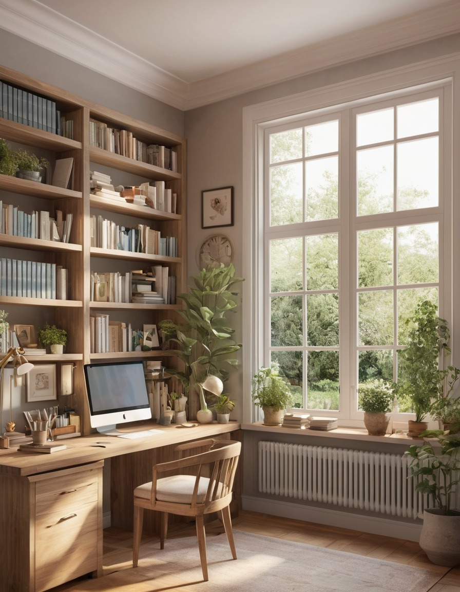 home office, desk, shelves, books, window, garden, home, interior