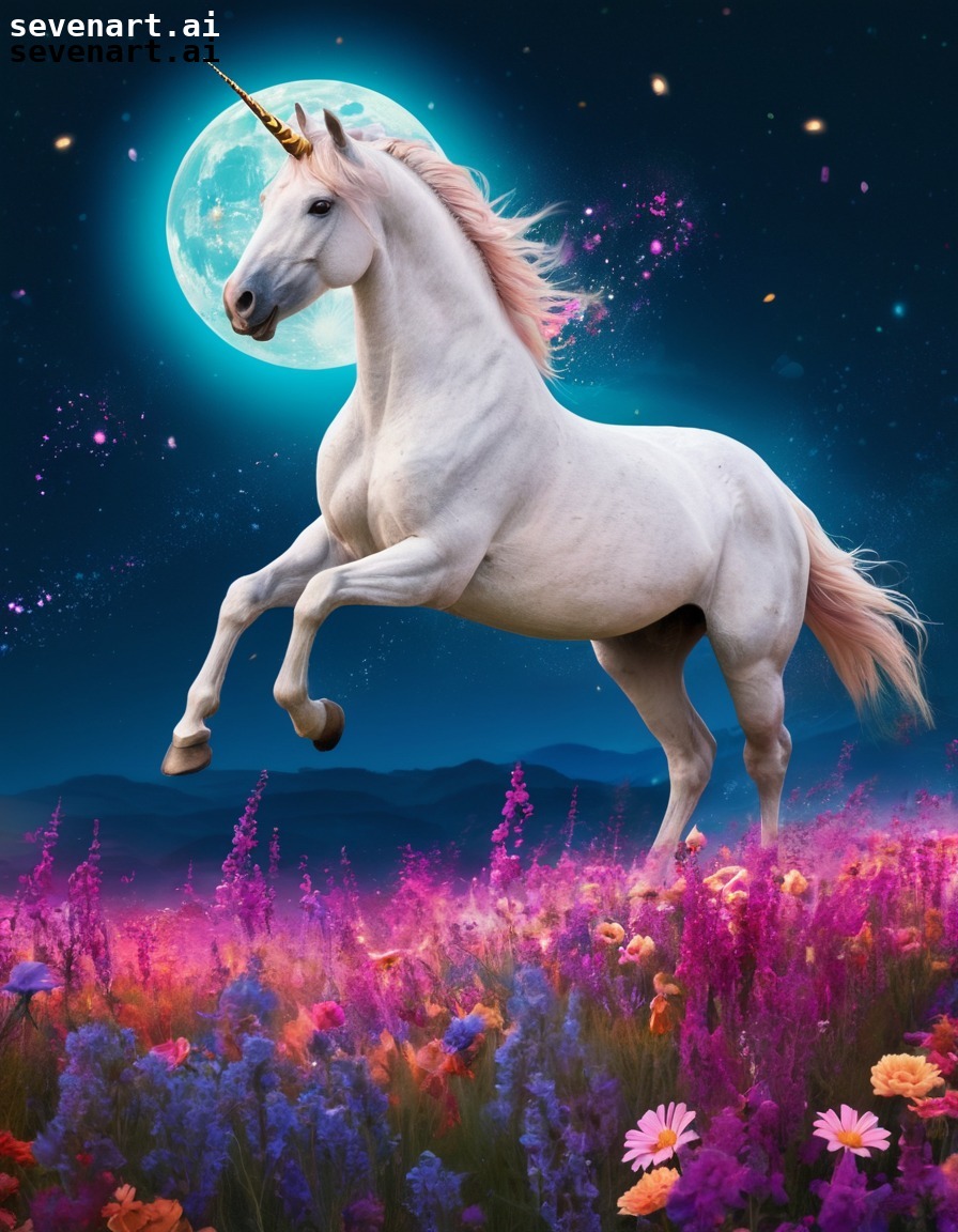 unicorn, magical, galloping, field, flowers