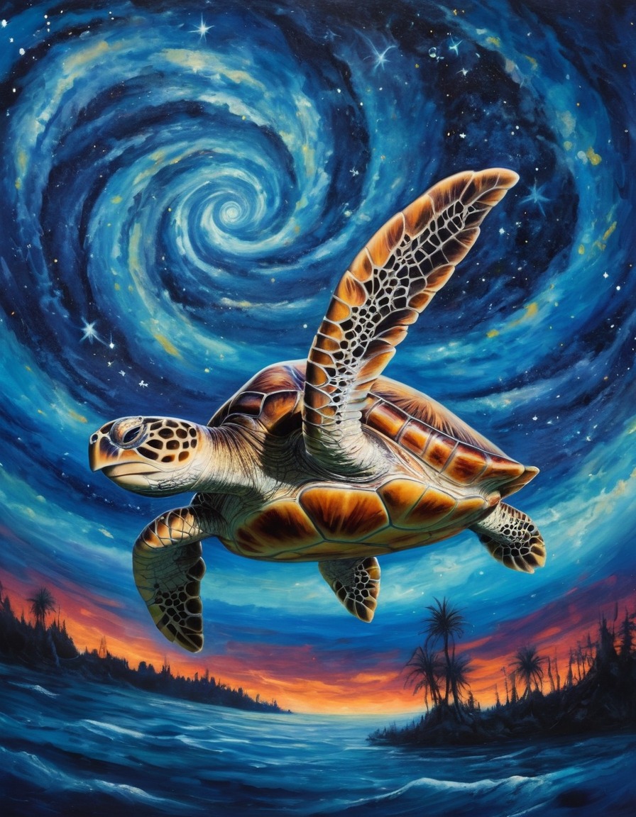 sea turtle, flying, starry night, surreal