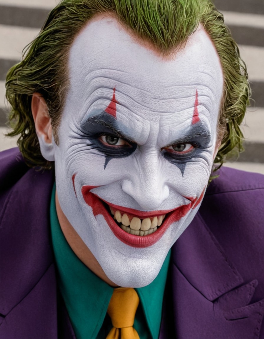 fictional character, menacing smile, close-up photography, joker-inspired, movies