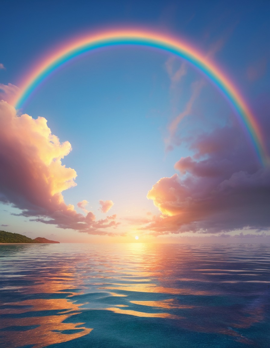 sunset, ocean, rainbow, nature, scenic view