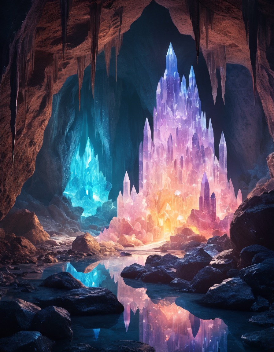 crystal cave, glowing crystals, mysterious energy, fantasy scene