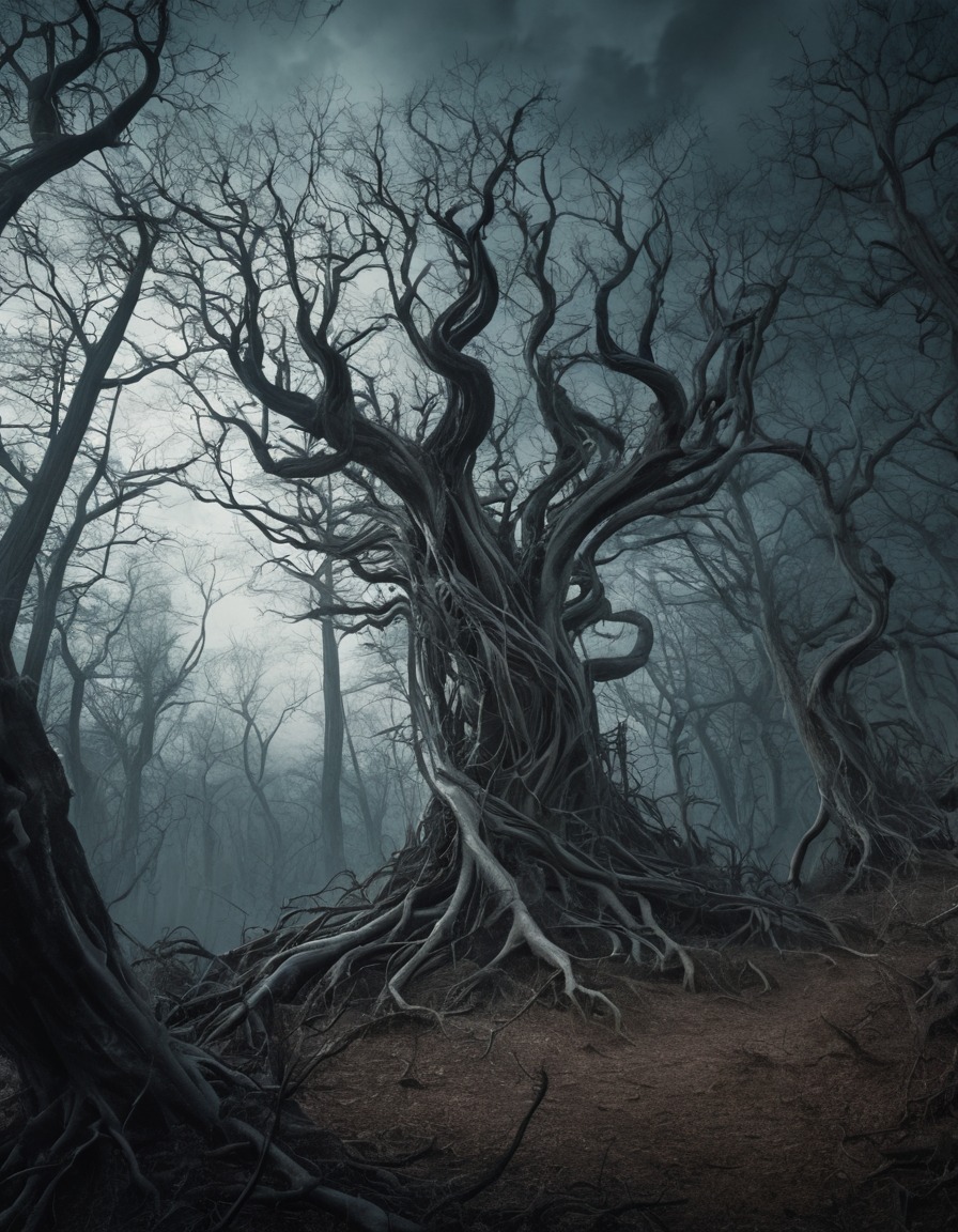 haunted forest, twisted trees, gnarled trees, spooky, eerie, halloween, gothic, underground, dark