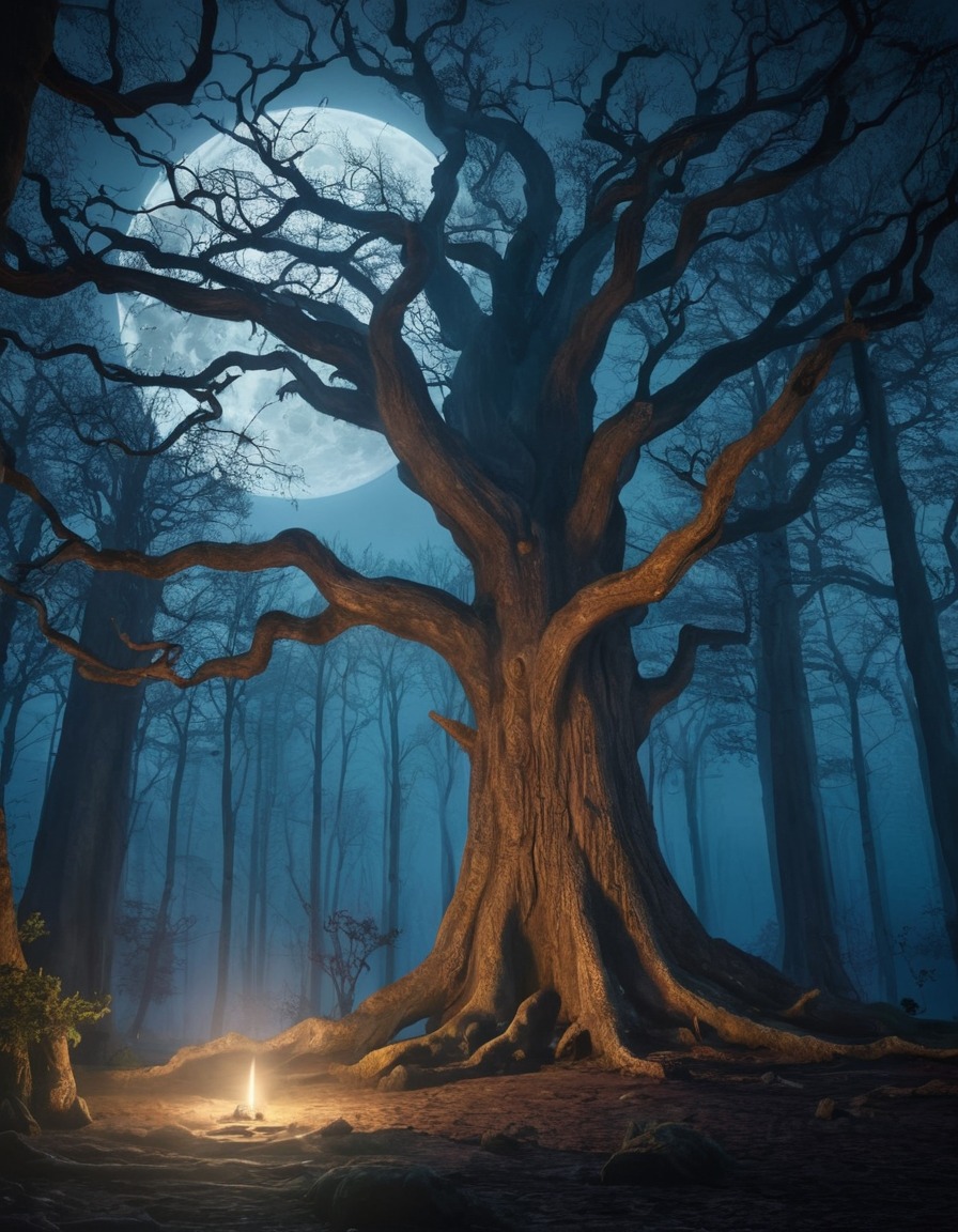 magical, enchanted, forest, spirits, ancient trees, full moon