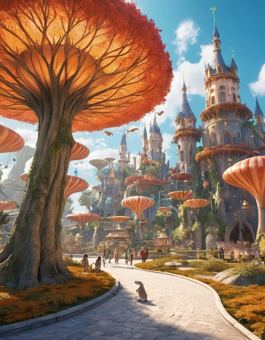 fantasy park, fictional creatures, urban fantasy, fantasy city, amusement park, magical beings, enchanted attractions