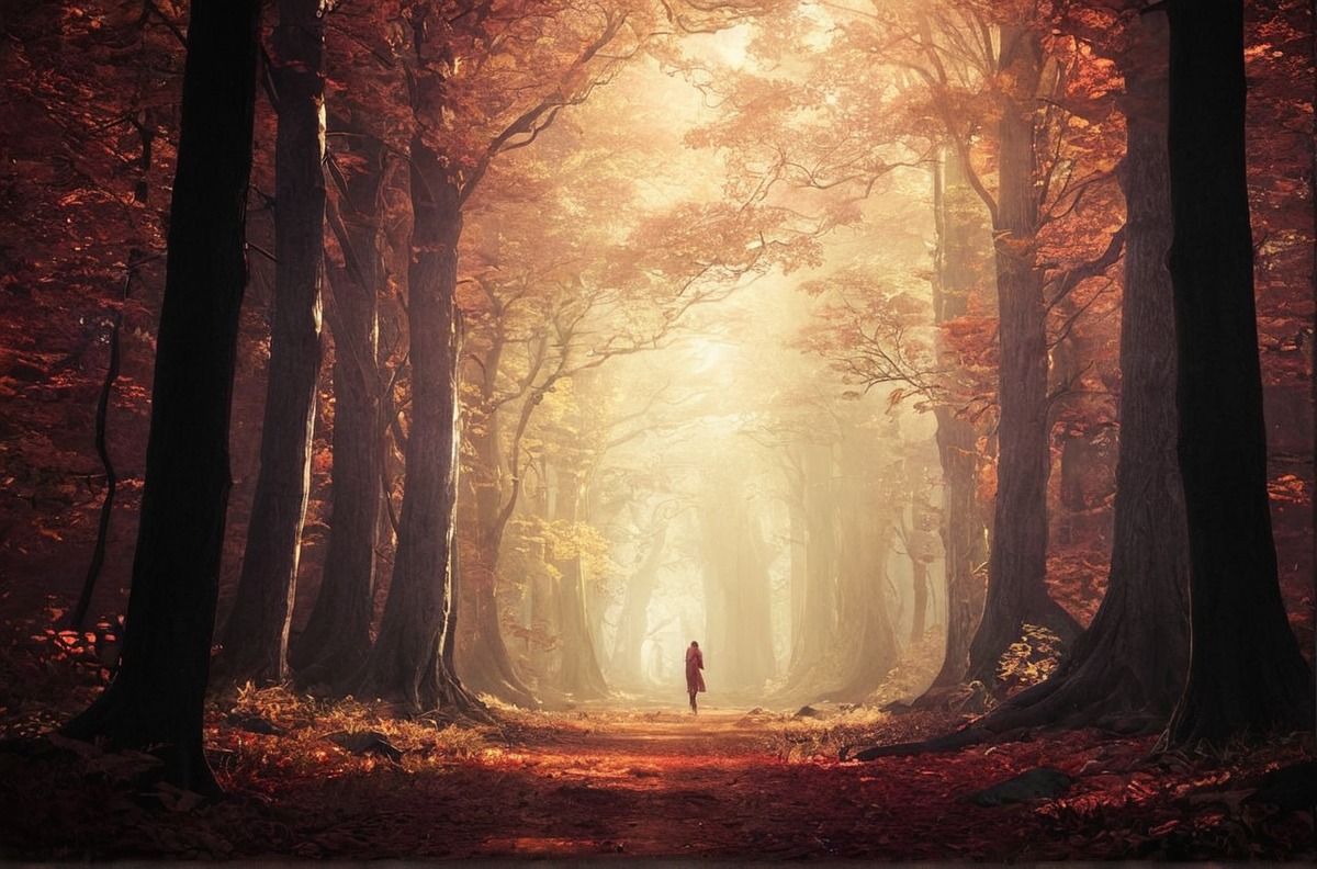 autumn, fall, fog, forest, light, mist, nature, trees, way, photography