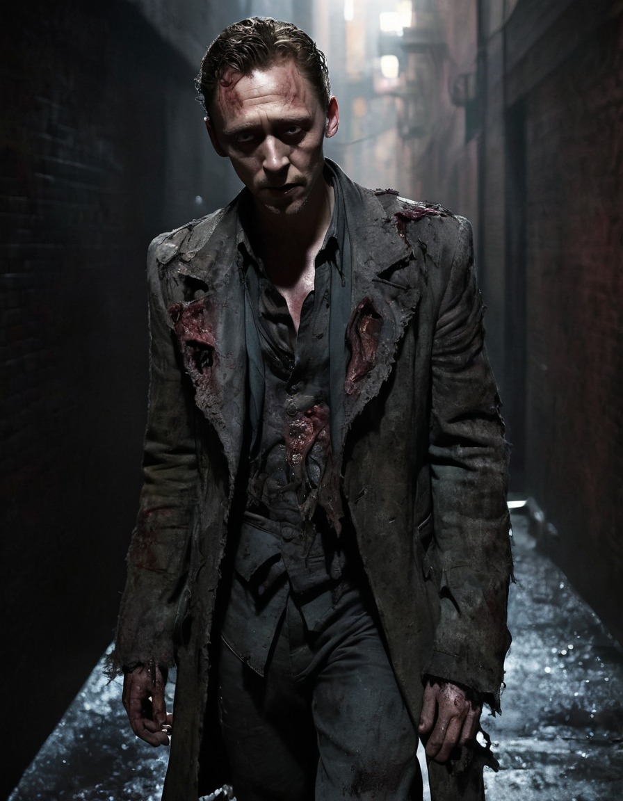 tom hiddleston, zombie, horror, alley, dark, decaying flesh, celebrities