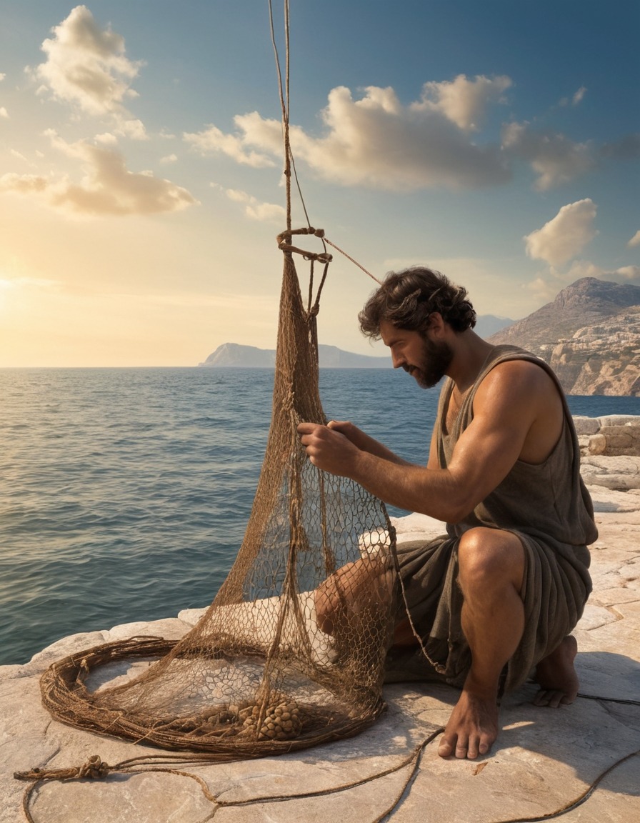 ancient fisherman, mending nets, sea, ancient greece, 300 bc, occupation, daily life