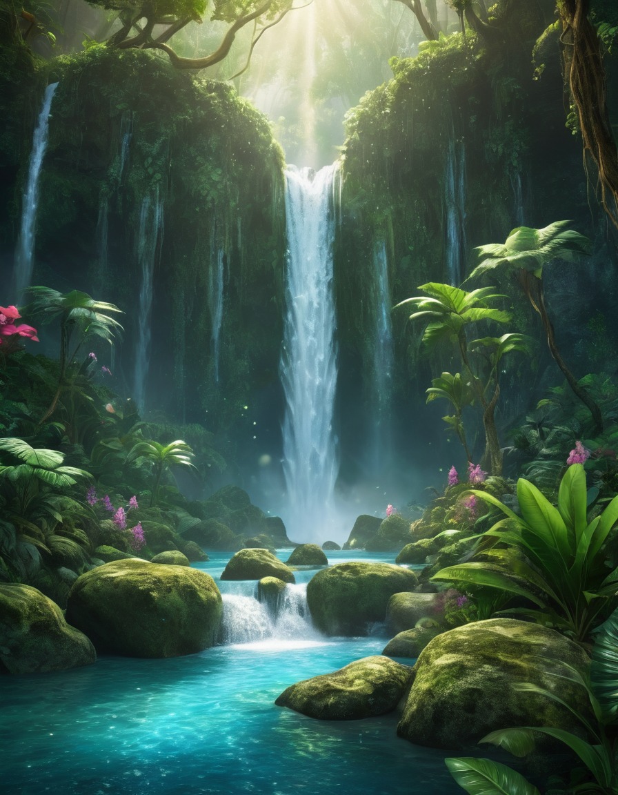 waterfall, gems, mystical, lush, enchanted, jungle , fantastic