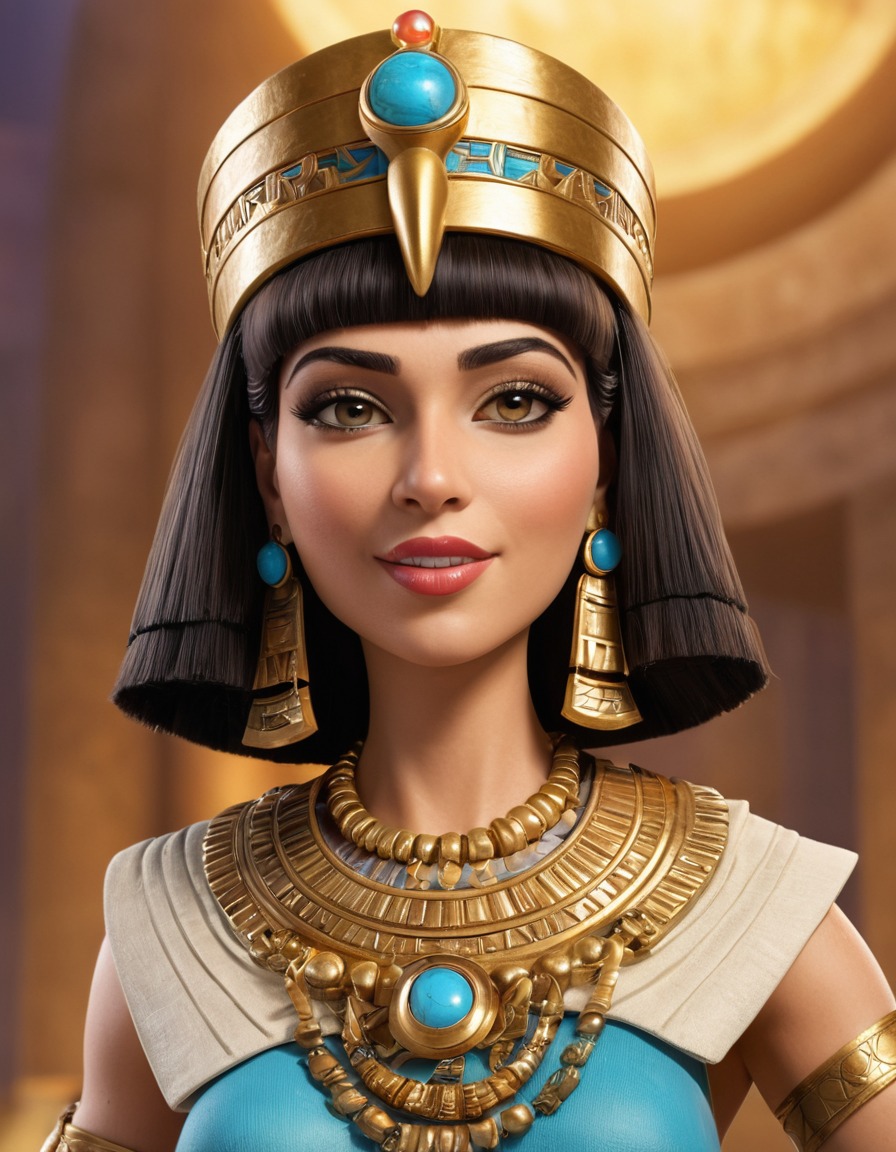 caricature, cleopatra, modern, exaggerated features, accessories, funny