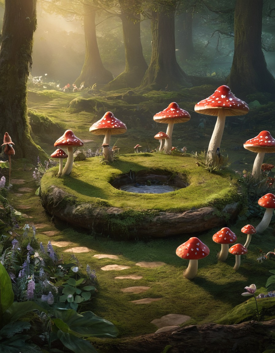 faeries, ethereal beings, circle, toadstools, fantasy scene