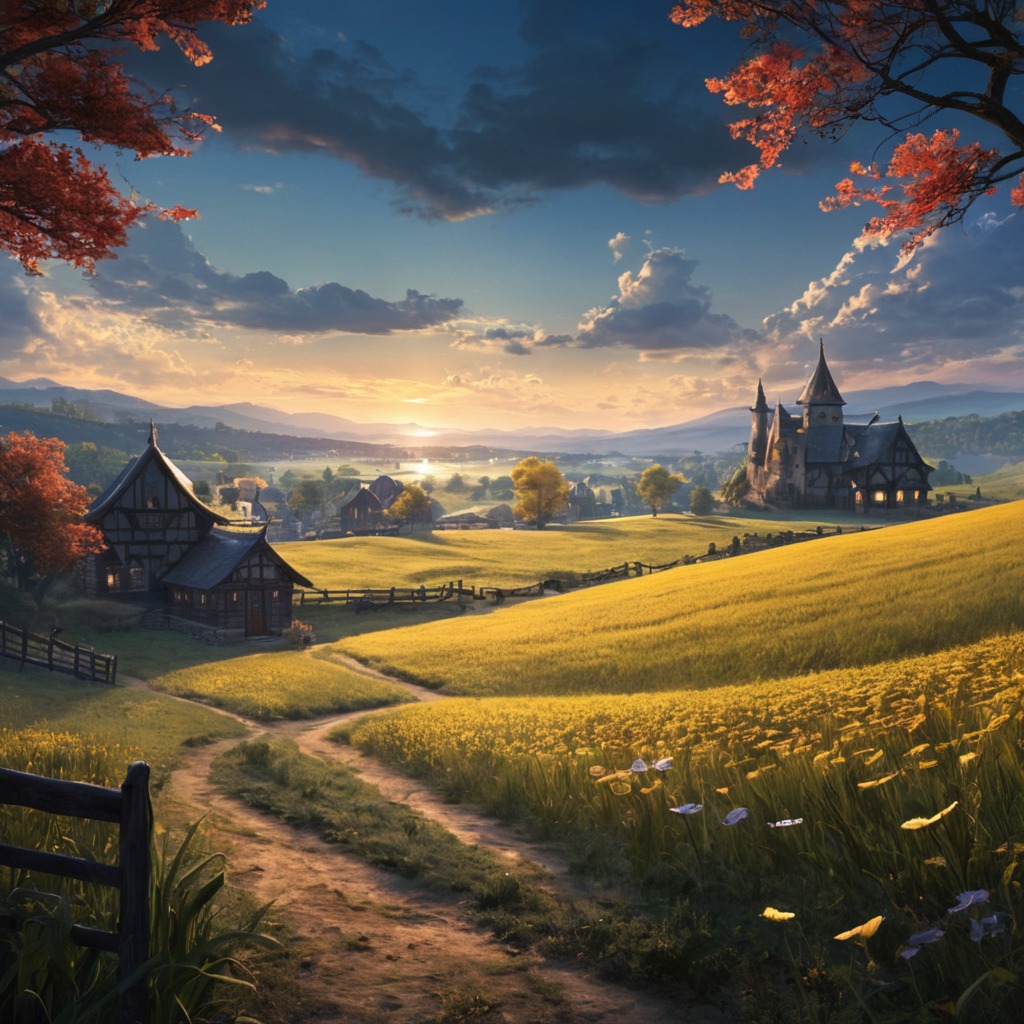 digitalart, wallpaper, landscapepainting, anime, farm