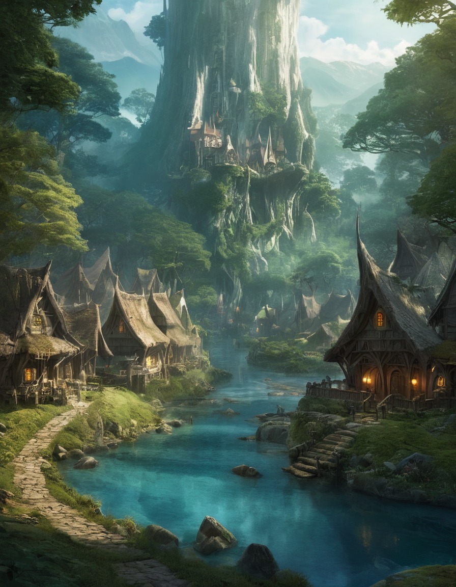 fantasy, elves, woodland, village, serene, john tolkien, tolkien