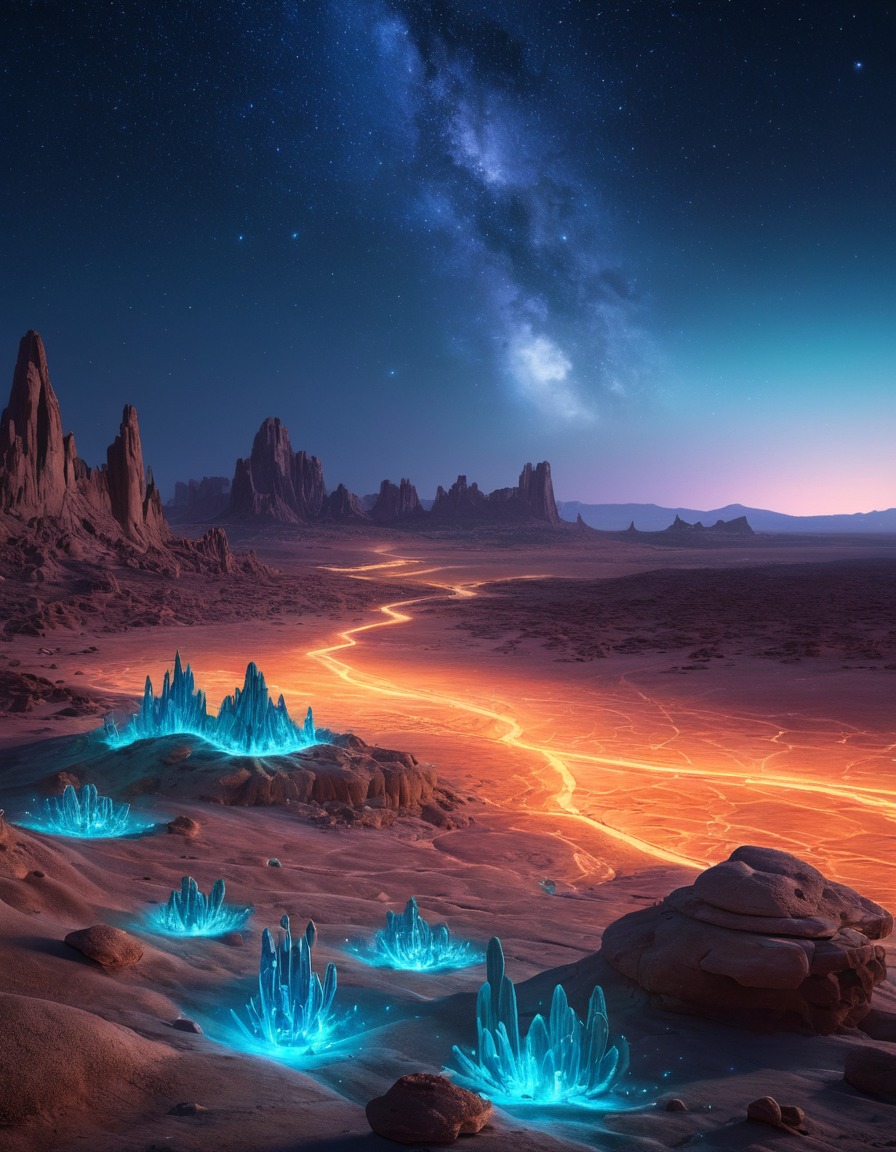 desert landscape, crystals, rock formations, phosphorescent, vast landscape, natural beauty, extraterrestrial, aliens