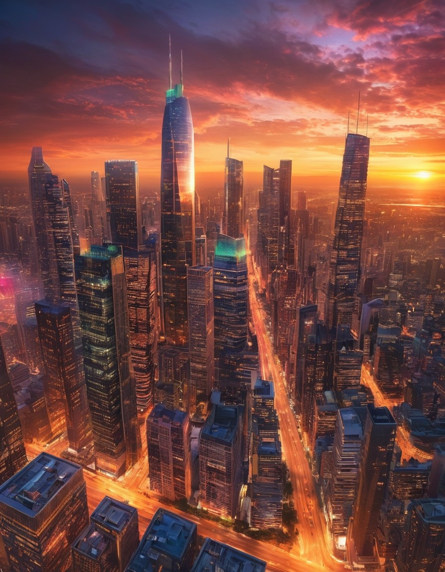 cityscape, skyline, skyscrapers, sunset, urban, modern architecture