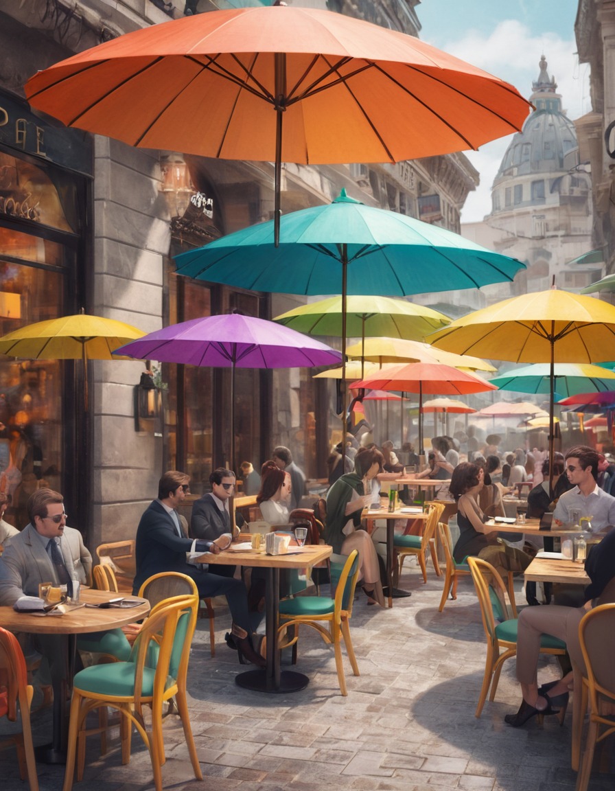 outdoor cafe, colorful umbrellas, fashion, trendy, bustling, modern city, city