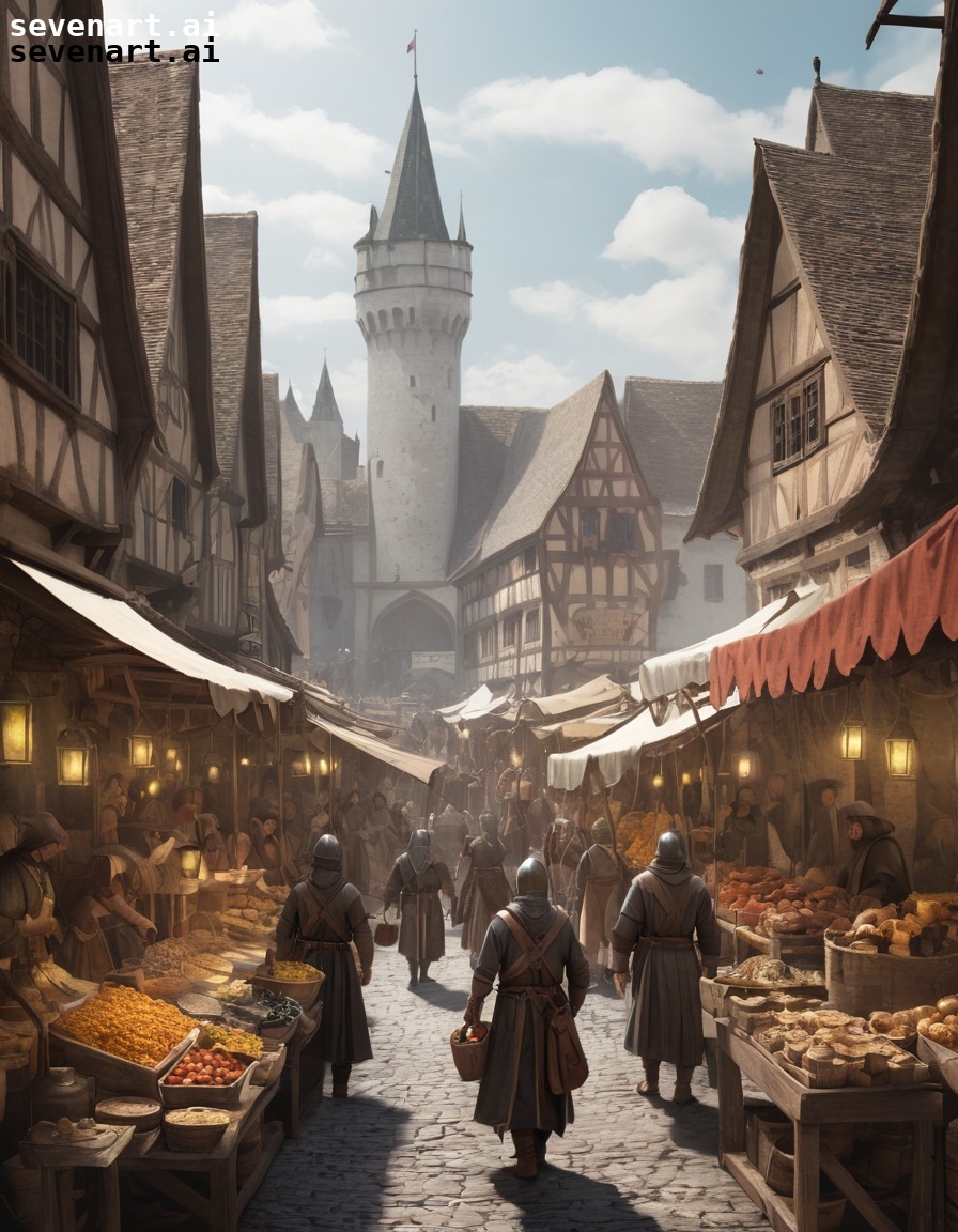 medieval, market, merchants, wares, bustling, middle ages