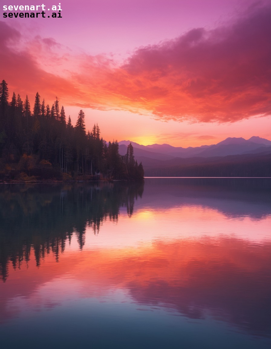 sunset, lake, vibrant colors, reflection, serene