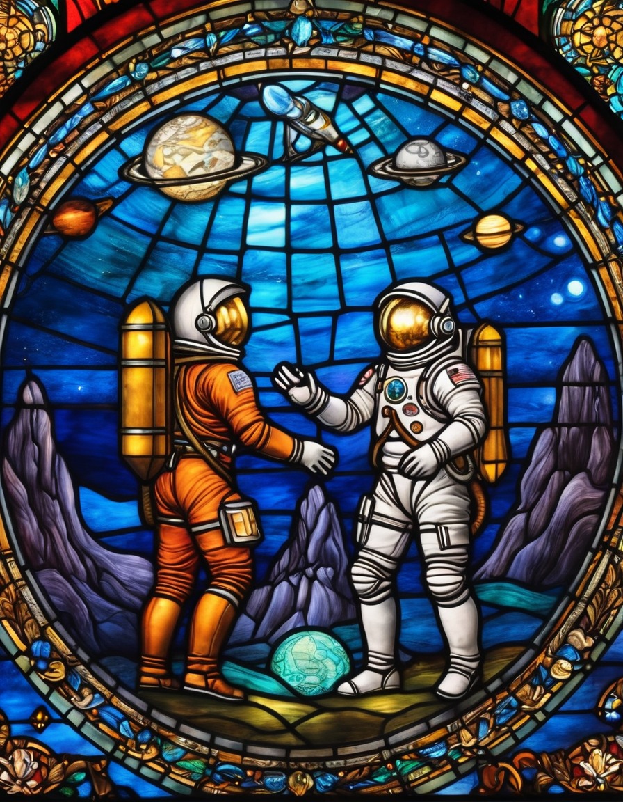 stained glass, astronauts, outer space, medieval style, medieval, art