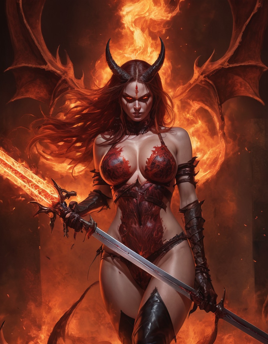 demoness, flaming sword, battle, damned souls, demon, sexy, nsfw	