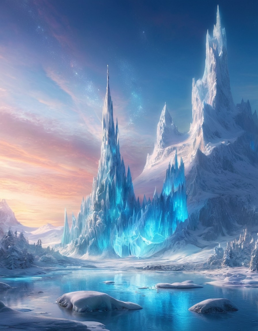 frozen tundra, ice giants, frost fairies, glaciers, dancing auroras, fantastic