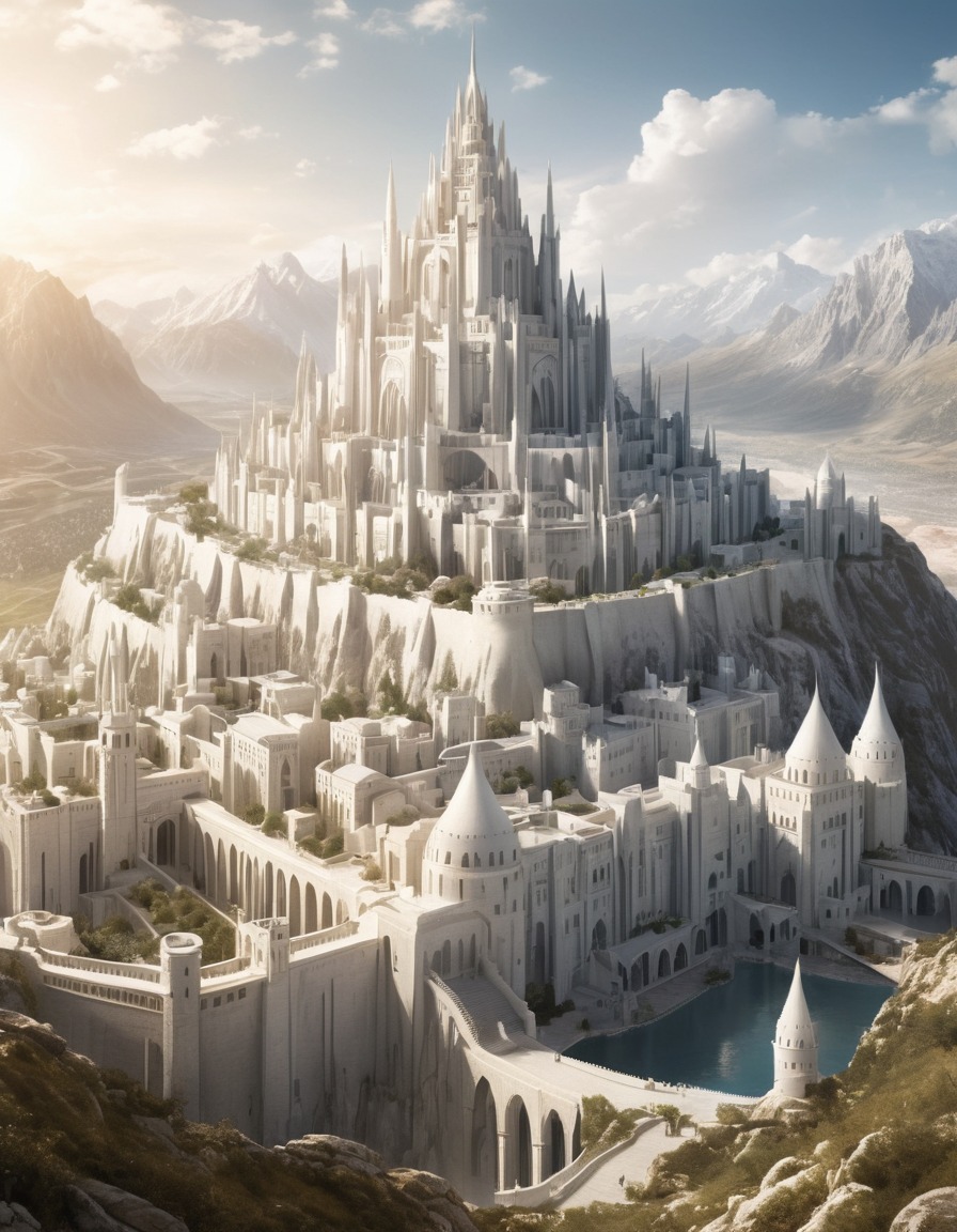 minas tirith, white city, middle-earth, j.r.r. tolkien, fantasy, architecture, sunlight, john tolkien, tolkien