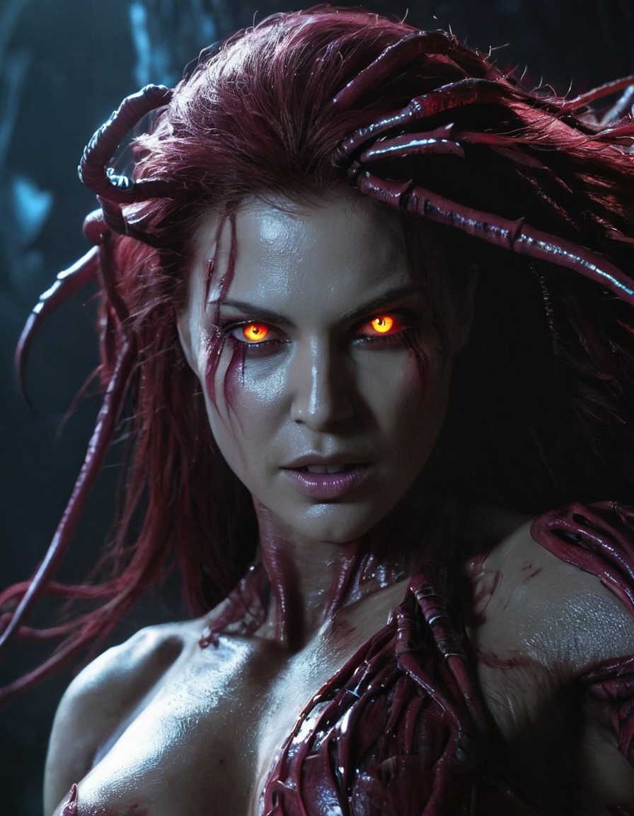 kerrigan, starcraft, video game, sci-fi, villain, glowing eyes, games, dark