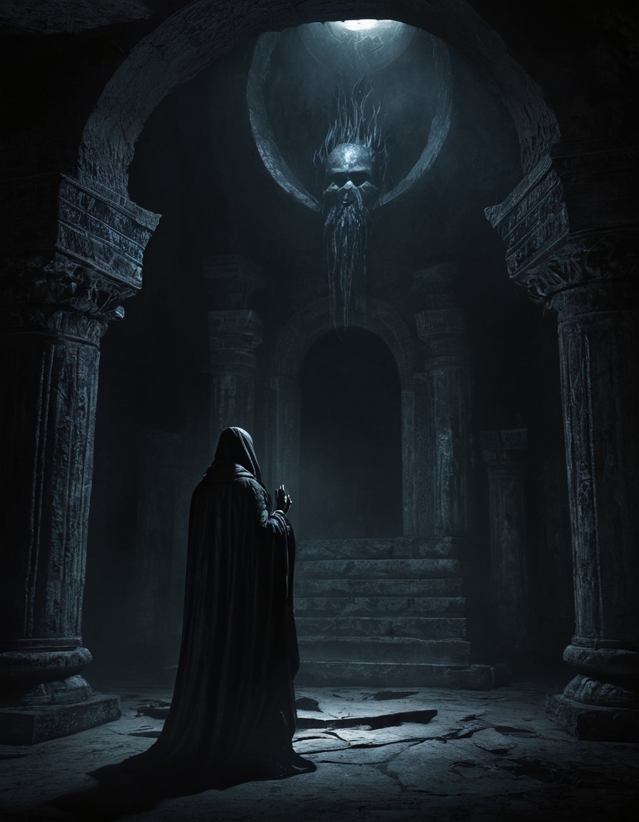 mystical, shadowy figure, prophecies, forgotten temple