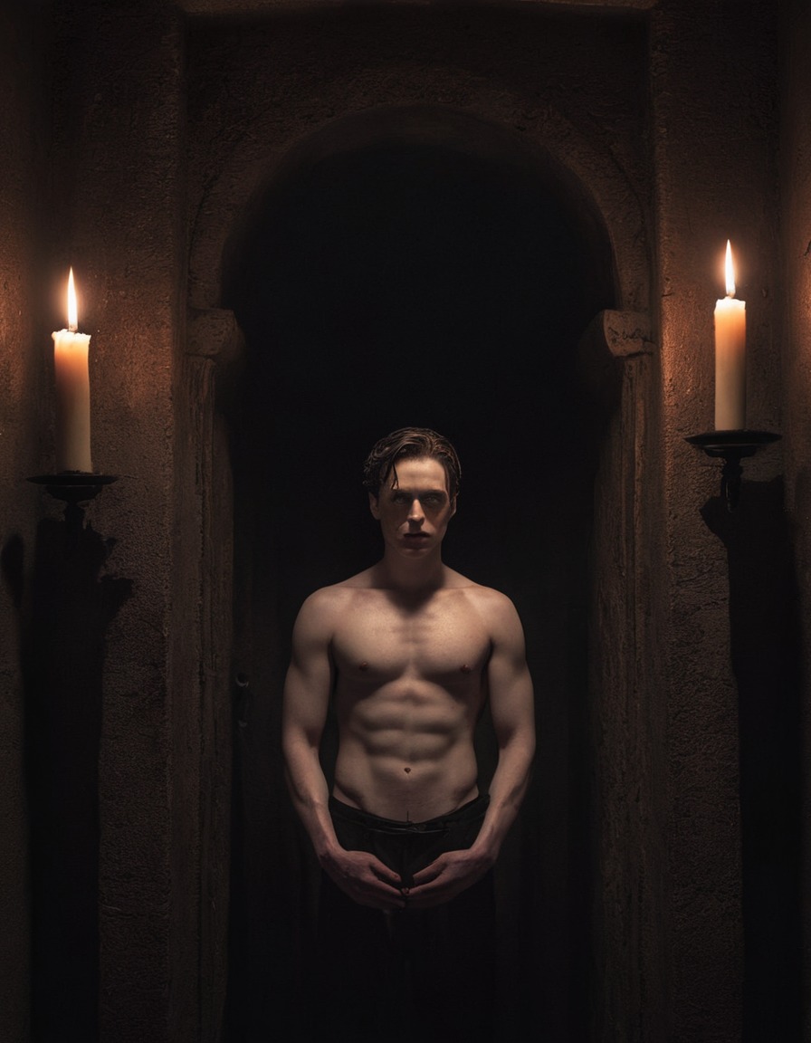 dark fantasy, gothic, brooding, mysterious, candlelit room, male figure, pale skin, piercing eyes, underground, dark