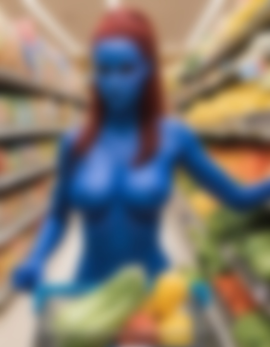 mystique, x-men, grocery shopping, human form, transformation, mutant, superhero, superheroine, bikini