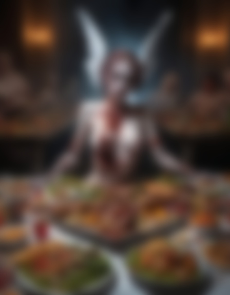 heaven, angels, zombies, female, banquet, food, drink