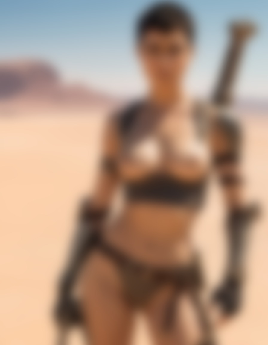 furiosa, desert, mechanical arm, confident, sunlight, mad max