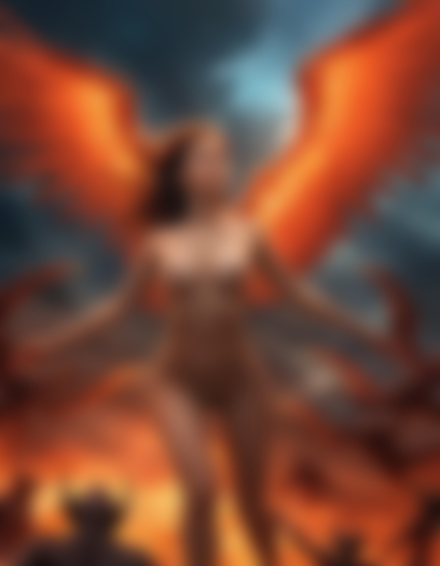 woman, angel, fiery wings, battle, demon entities, dark sky, dramatic, sexy, erotic