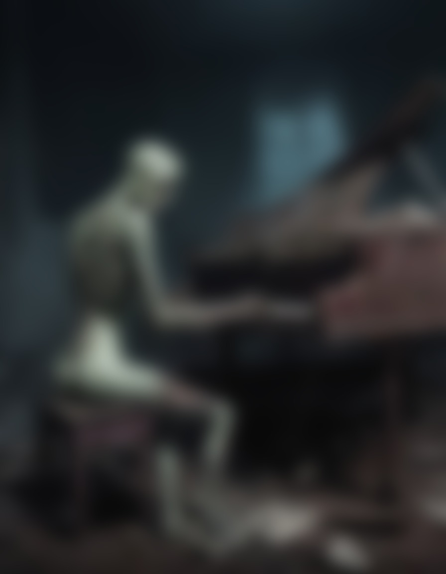 zombie, musician, haunting melody, broken piano